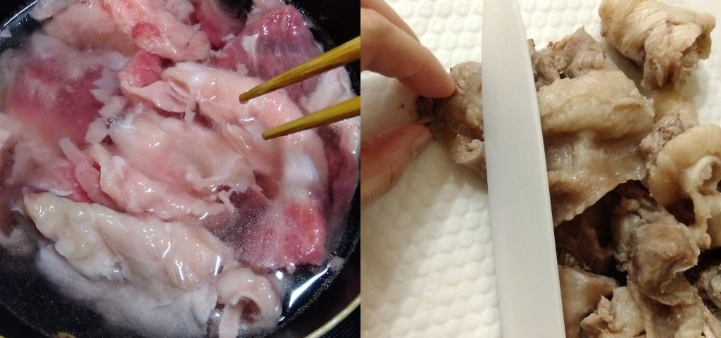 すじ肉は一度茹でこぼしてから、食べやすい大きさに切ります