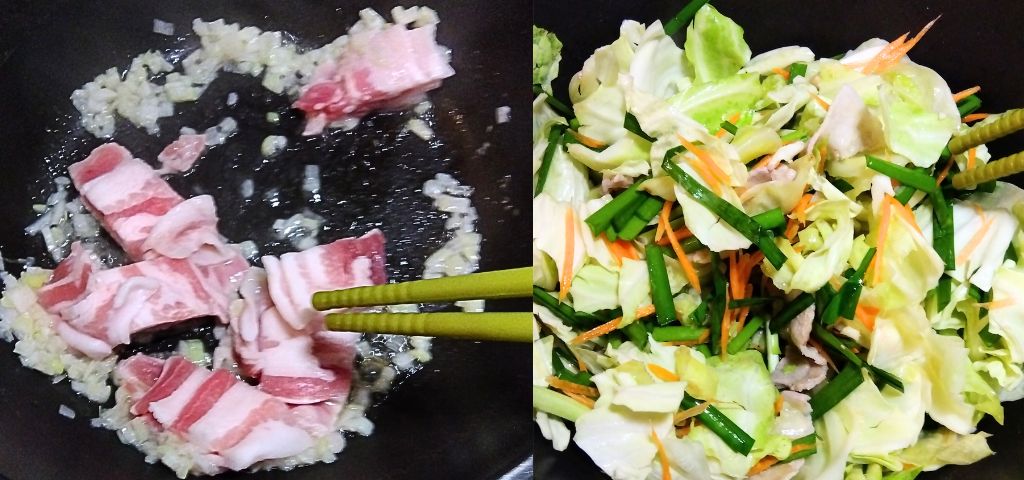 豚肉→野菜の順に炒めます