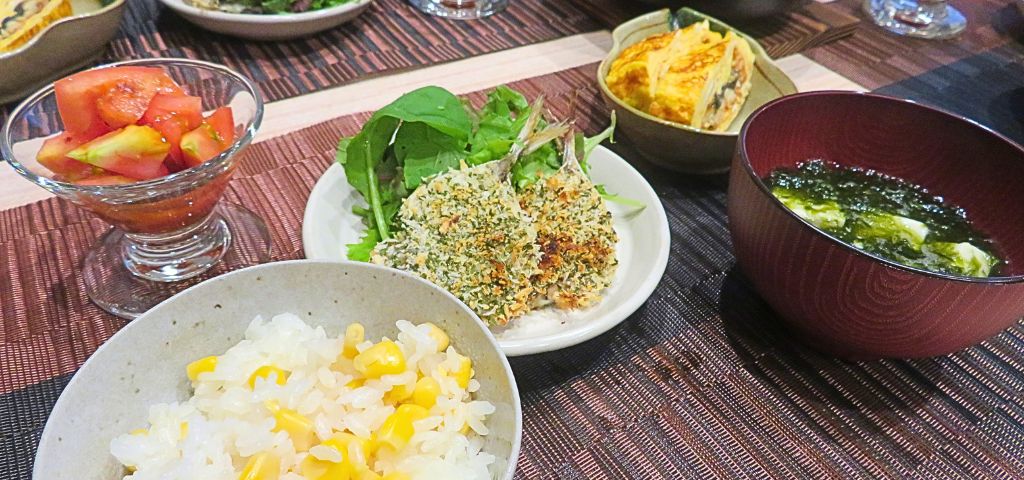 アジの香草パン粉焼きと「う巻き」の献立