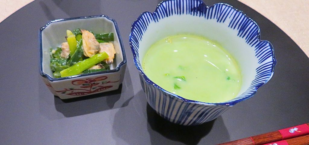 菜の花のすり流しとあさりと分葱のぬた